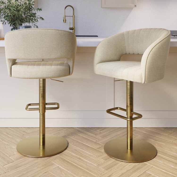 Set Of 2 Curved Beige Upholstered Adjustable Swivel Bar Stools with Gold Base - Runa