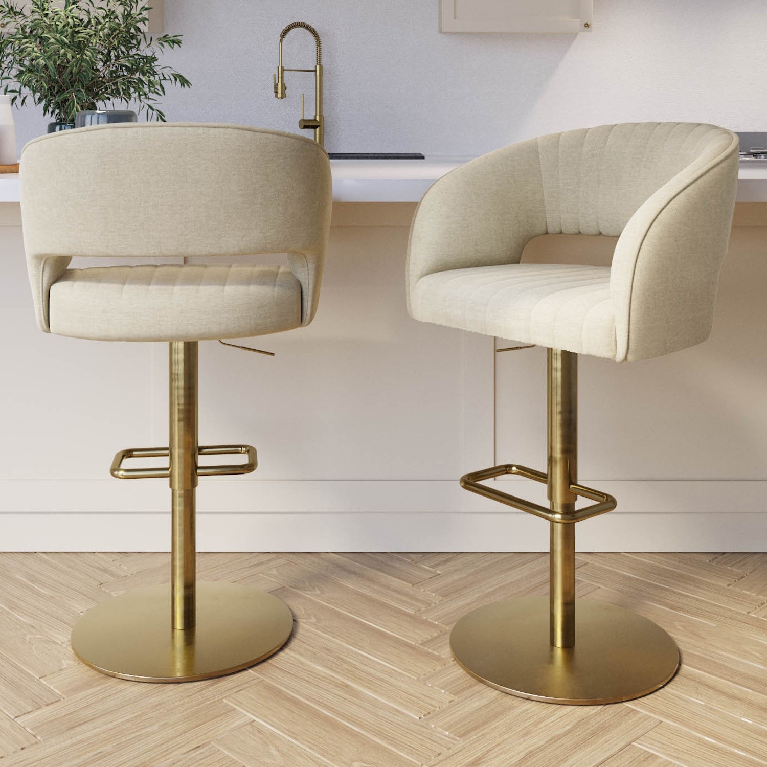 Photo of Set of 2 curved beige fabric adjustable swivel bar stool with gold base - runa
