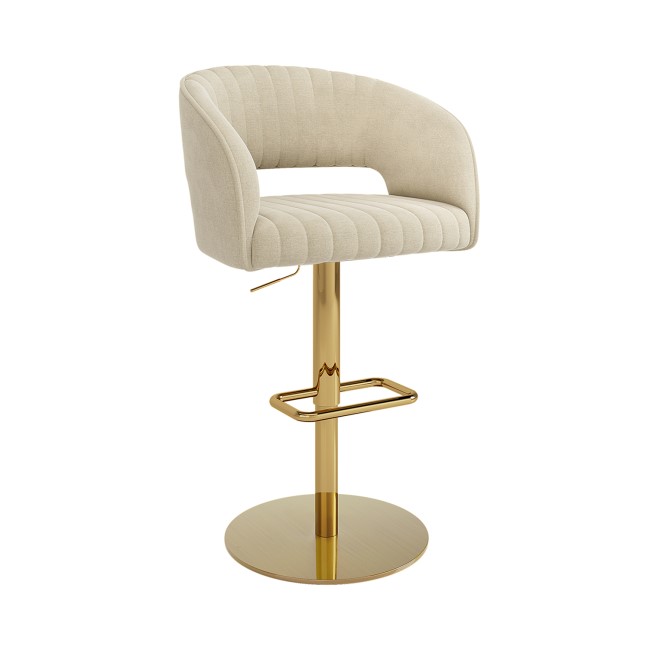 Set Of 2 Curved Beige Fabric Adjustable Swivel Bar Stools with Gold Base - Runa