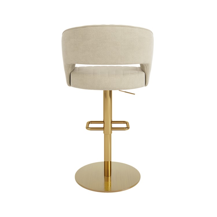 Set Of 2 Curved Beige Upholstered Adjustable Swivel Bar Stools with Gold Base - Runa