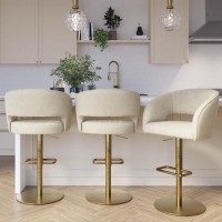 Set Of 3 Curved Beige Upholstered Adjustable Swivel Bar Stools with Gold Base - Runa Set Of 3 Curved Beige Upholstered Adjustable Swivel Bar Stools with Gold Base - Runa