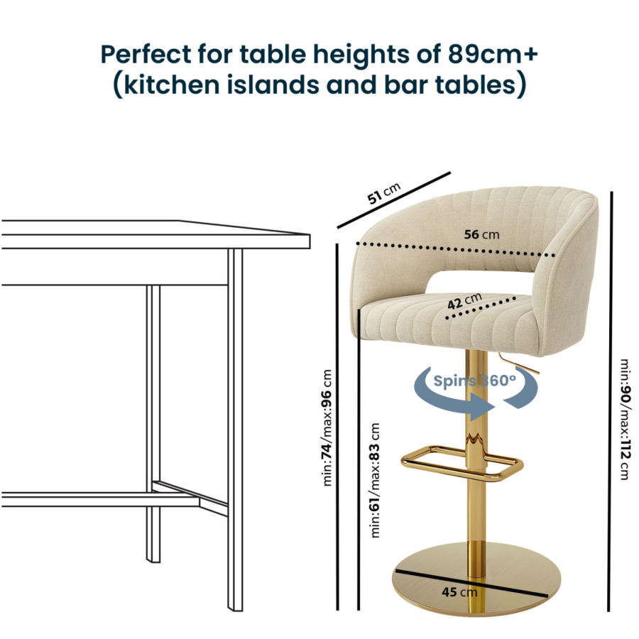 Set Of 3 Curved Beige Upholstered Adjustable Swivel Bar Stools with Gold Base - Runa - Furniture123