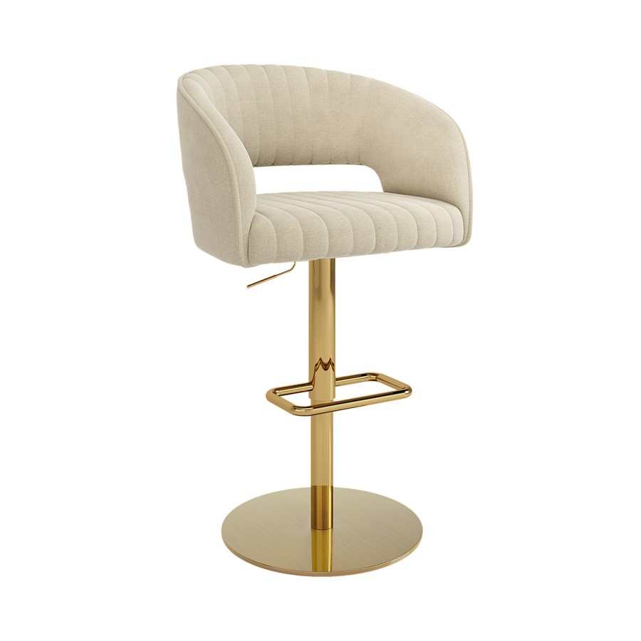 Set Of 3 Curved Beige Upholstered Adjustable Swivel Bar Stools with Gold Base - Runa