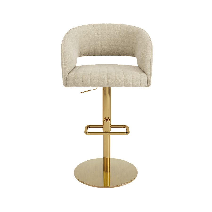 Set Of 3 Curved Beige Upholstered Adjustable Swivel Bar Stools with Gold Base - Runa