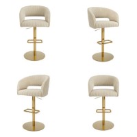 Set Of 4 Curved Beige Fabric Adjustable Swivel Bar Stool with Gold Base - Runa