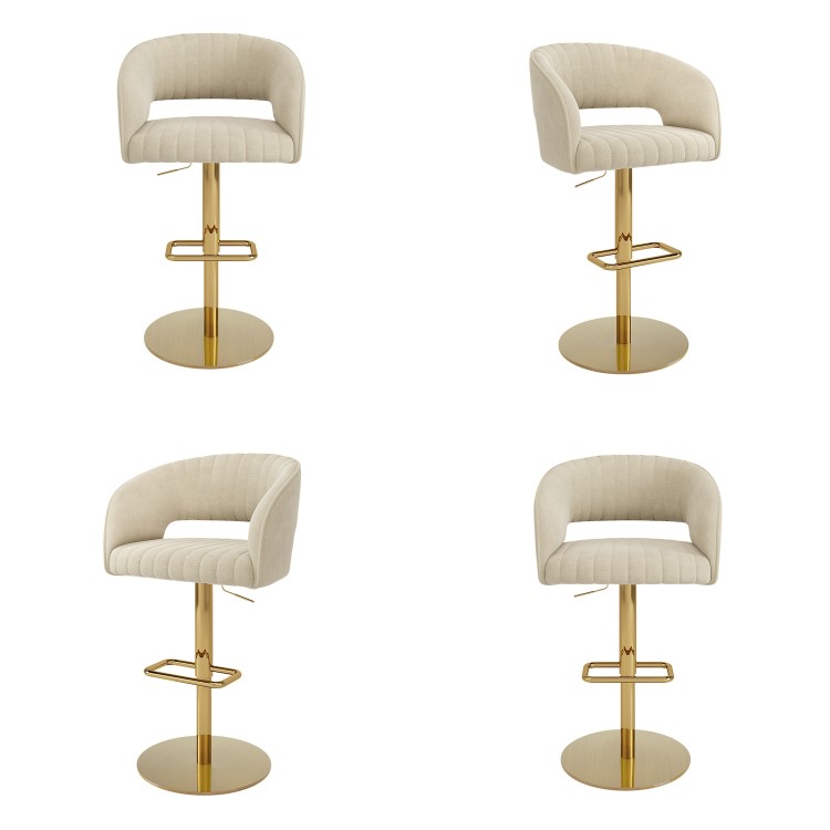 Set Of 4 Curved Beige Upholstered Adjustable Swivel Bar Stools with Gold Base - Runa