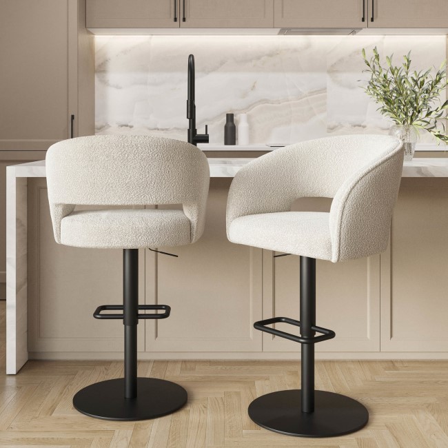 Set of 2 Beige Boucle Adjustable Swivel Curved Barstool with Black Metal Base - Runa