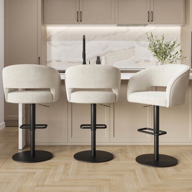 Set of 3 Curved Beige Boucle Adjustable Swivel Barstools with Black Metal Base - Runa