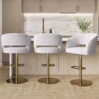 Set of 3 Curved Beige Boucle Adjustable Swivel Barstools with Gold Base - Runa Set of 3 Curved Beige Boucle Adjustable Swivel Barstools with Gold Base - Runa