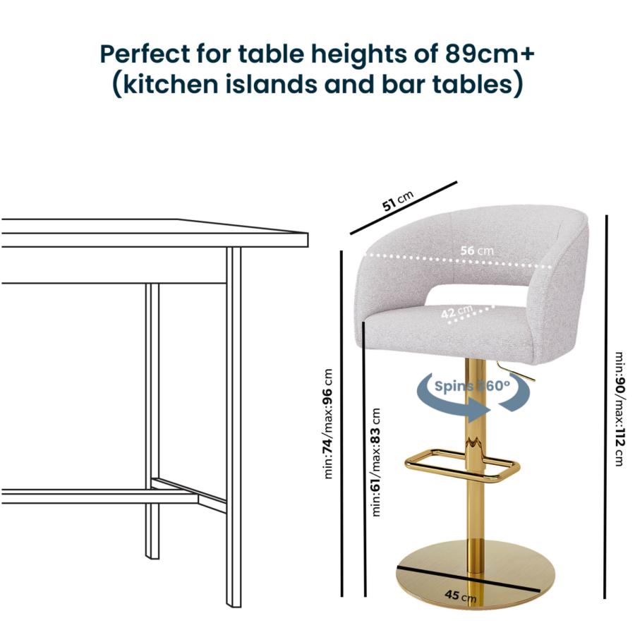 Set of 3 Curved Beige Boucle Adjustable Swivel Barstools with Gold Base - Runa