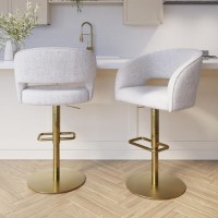 Set of 2 Curved Beige Boucle Adjustable Swivel Barstool with Gold Base - Runa