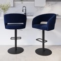 BUN/RUN011/93070 Set of 2 Curved Navy Blue Upholstered Adjustable Swivel Bar Stools with Black Base - Runa