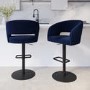 Set of 2 Curved Navy Blue Fabric Adjustable Swivel Barstool with Black Base - Runa