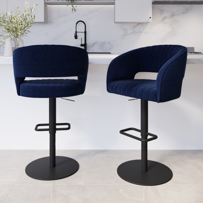 Set of 2 Curved Navy Blue Fabric Adjustable Swivel Barstools with Black Base - Runa