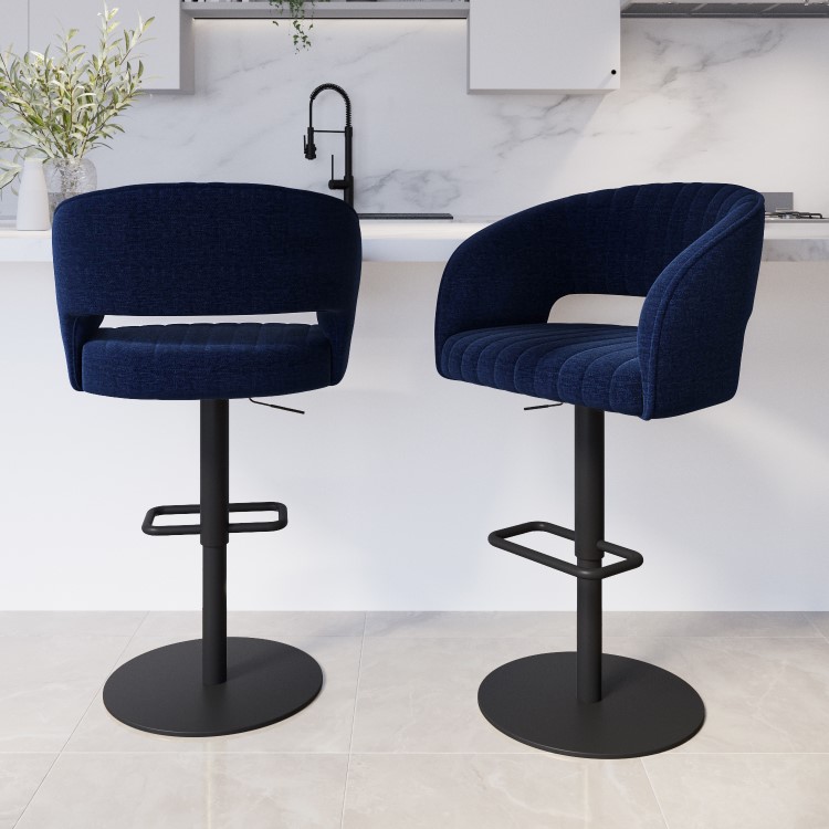 Set of 2 Curved Navy Blue Upholstered Adjustable Swivel Bar Stools with Black Base - Runa