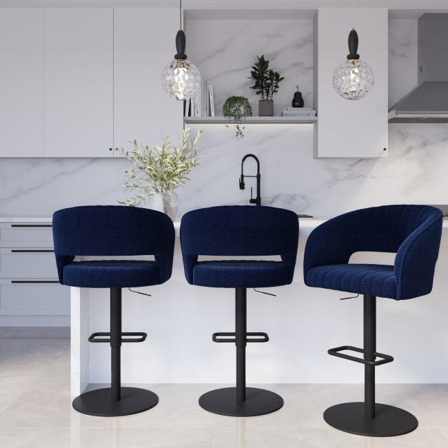 Set of 3 Curved Navy Blue Fabric Adjustable Swivel Barstools with Black Base - Runa