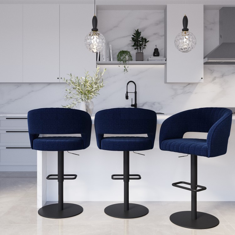 Set of 3 Curved Navy Blue Upholstered Adjustable Swivel Bar Stools with Black Base - Runa