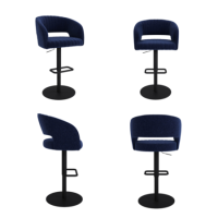 Set of 4 Curved Navy Blue Fabric Adjustable Swivel Barstool with Black Base - Runa