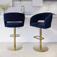 Set of 2 Curved Navy Fabric Adjustable Swivel Barstools with Gold Base - Runa