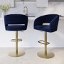 Set of 2 Curved Navy Fabric Adjustable Swivel Barstools with Gold Base - Runa