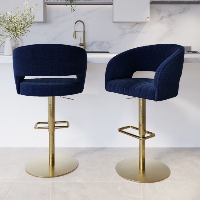 Set of 2 Curved Navy Fabric Adjustable Swivel Barstools with Gold Base - Runa