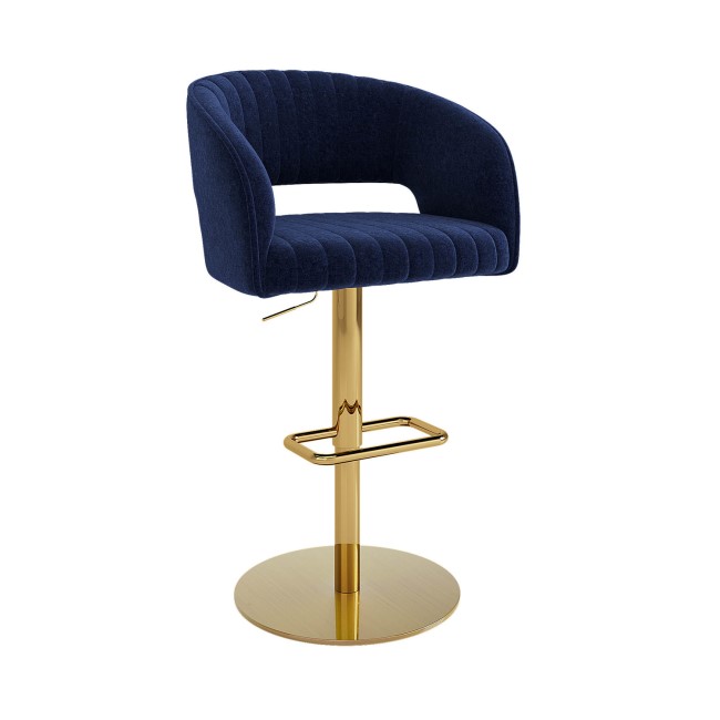 Set of 2 Curved Navy Fabric Adjustable Swivel Barstools with Gold Base - Runa