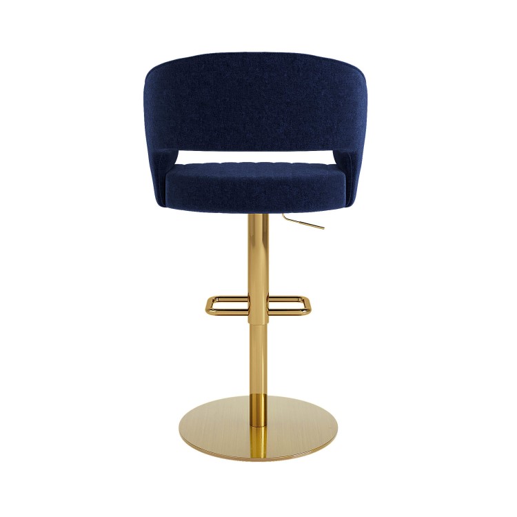 Set of 2 Curved Navy Upholstered Adjustable Swivel Bar Stools with Gold Base - Runa