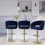 Set of 3 Curved Navy Fabric Adjustable Swivel Barstools with Gold Base - Runa