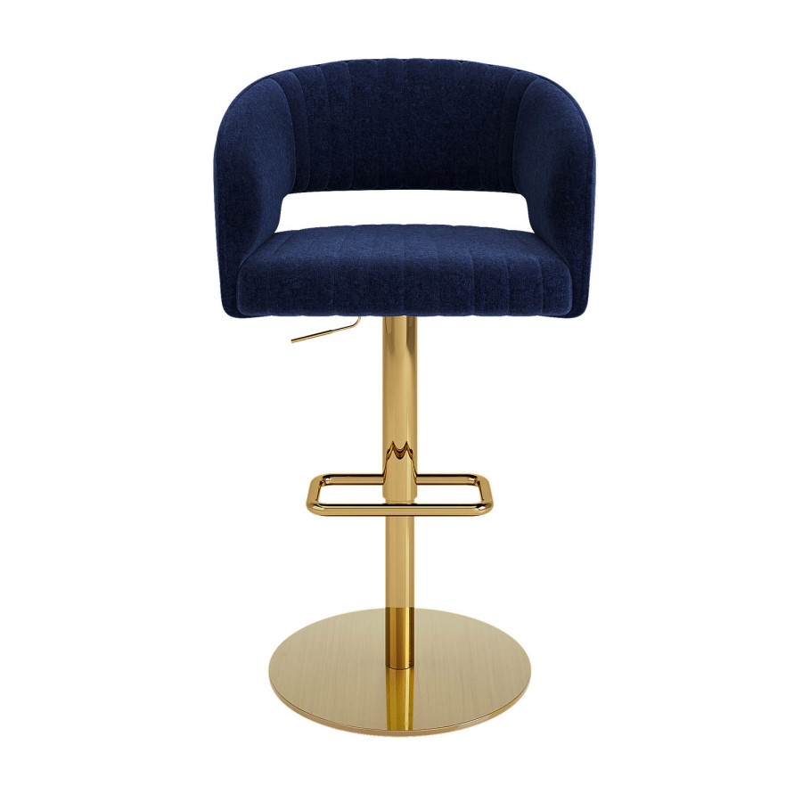 ALMOST PERFECT - Runa Curved Navy Blue Fabric Adjustable Swivel Barstool with Gold Base