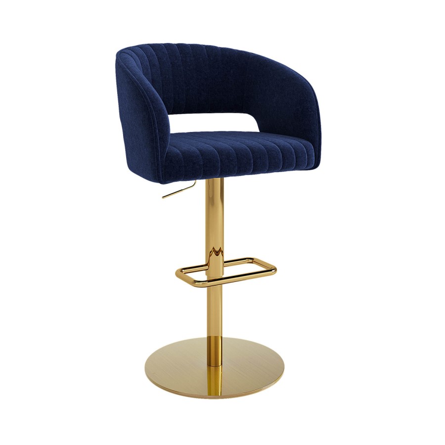 ALMOST PERFECT - Runa Curved Navy Blue Fabric Adjustable Swivel Barstool with Gold Base