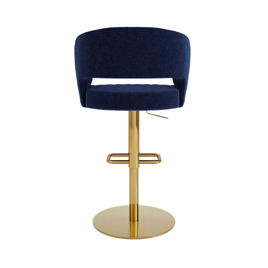 ALMOST PERFECT - Runa Curved Navy Blue Fabric Adjustable Swivel Barstool with Gold Base