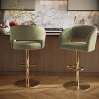 Set of 2 Curved Sage Green Velvet Adjustable Swivel Bar Stools with Gold Metal Base - Runa
