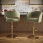 Set of 2 Curved Sage Green Velvet Adjustable Swivel Bar Stools with Gold Metal Base - Runa