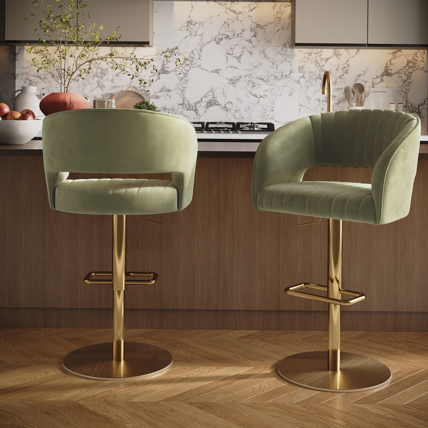 Set 2 Curved Sage Green Velvet Adjustable Swivel Bar Stools Gold Metal Base