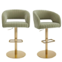 Set of 2 Curved Sage Green Velvet Adjustable Swivel Bar Stools with Gold Metal Base - Runa
