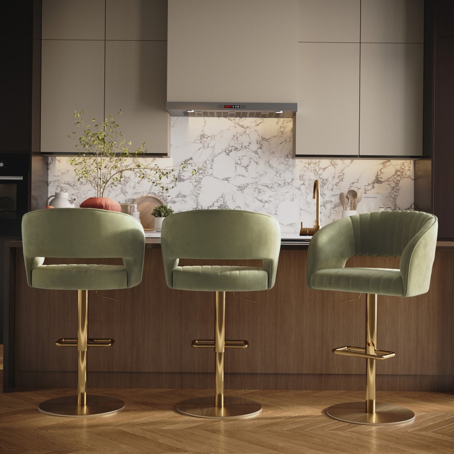 Set of 3 Curved Sage Green Velvet Adjustable Swivel Bar Stools with Gold Metal Base - Runa