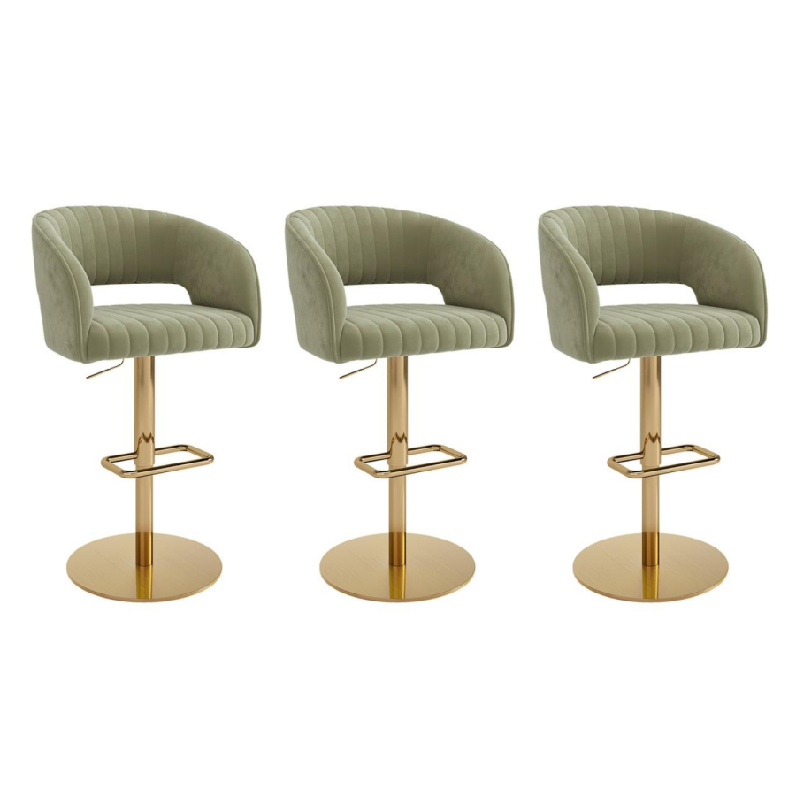 Set of 3 Curved Sage Green Velvet Adjustable Swivel Bar Stools with Gold Metal Base - Runa