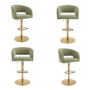 Set of 4 Curved Sage Green Velvet Adjustable Swivel Bar Stools with Gold Metal Base - Runa