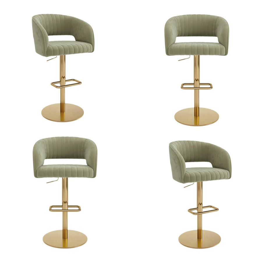 Set of 4 Curved Sage Green Velvet Adjustable Swivel Bar Stools with Gold Metal Base - Runa