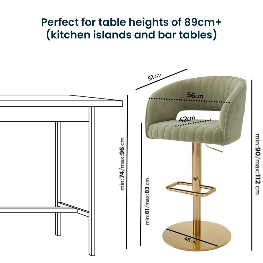 Curved Sage Green Velvet Adjustable Swivel Bar Stool with Gold Metal Base - Runa