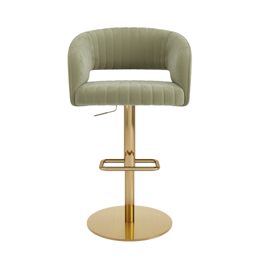Curved Sage Green Velvet Adjustable Swivel Bar Stool with Gold Metal Base - Runa