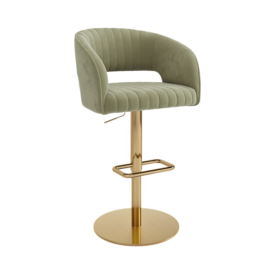 Curved Sage Green Velvet Adjustable Swivel Bar Stool with Gold Metal Base - Runa