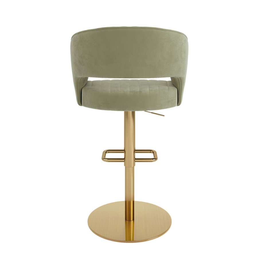 Curved Sage Green Velvet Adjustable Swivel Bar Stool with Gold Metal Base - Runa