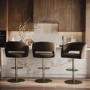 Set of 3 Curved Brown Velvet Adjustable Swivel Bar Stools with Brass Base - Runa