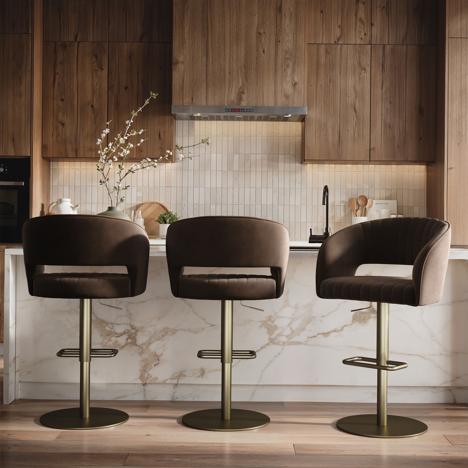 Runa Brown Set Of 3 Curved Velvet Adjustable Swivel Bar Stools With Brass Base