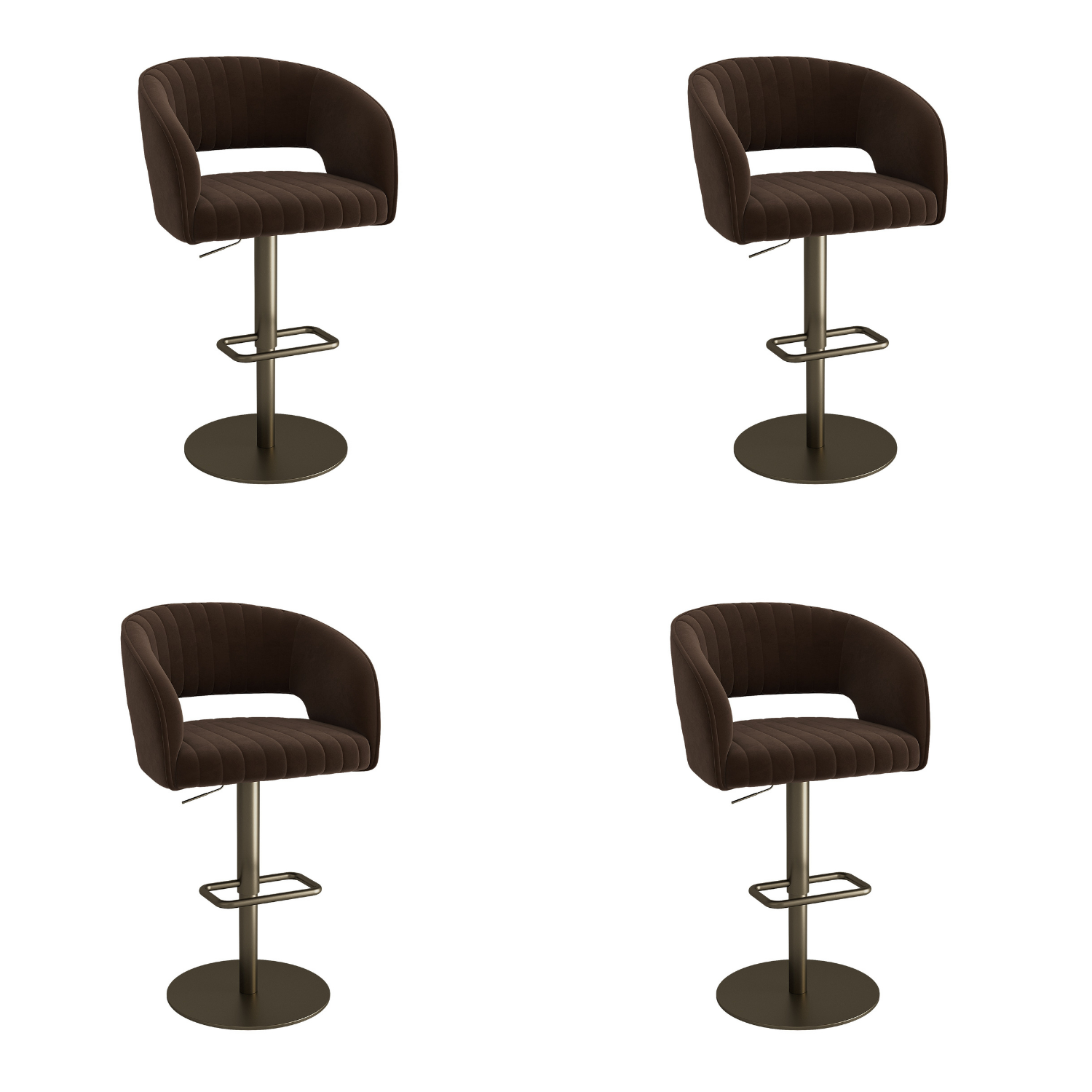 Runa Brown Set Of 4 Curved Velvet Adjustable Swivel Bar Stools With Brass Base