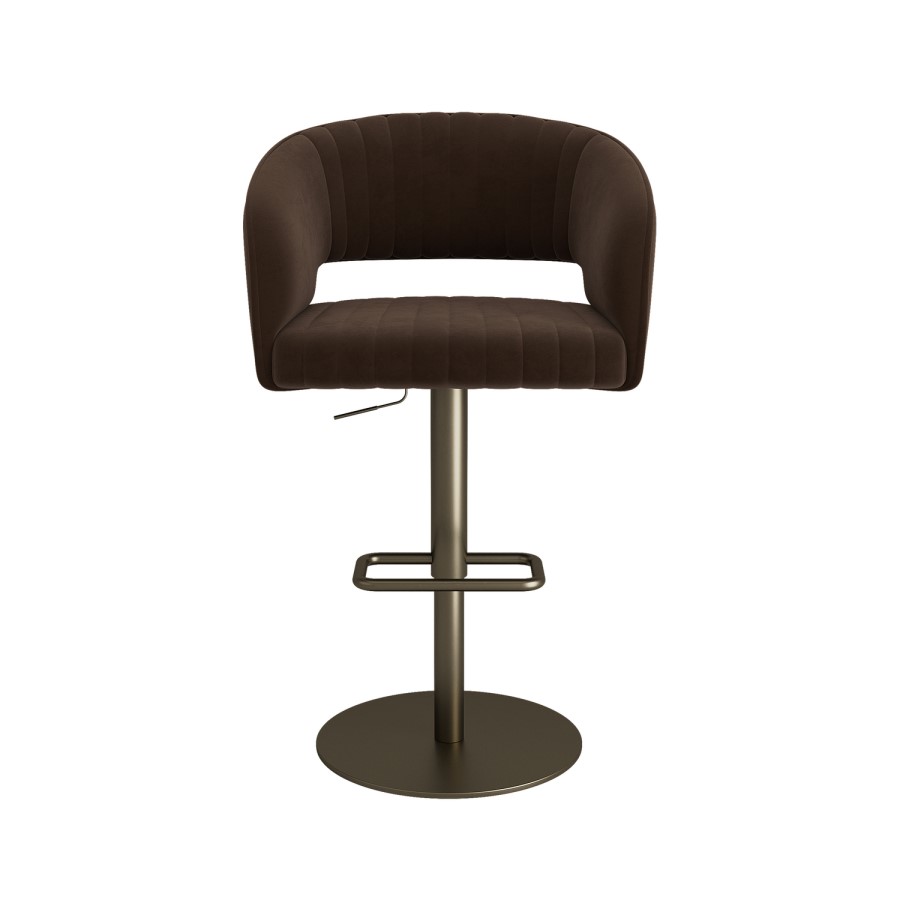 Set of 2 Curved Brown Velvet Adjustable Swivel Bar Stools with Brass Base - Runa