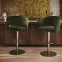 Set of 2 Curved Olive Green Velvet Adjustable Swivel Bar Stools with Brass Base - Runa