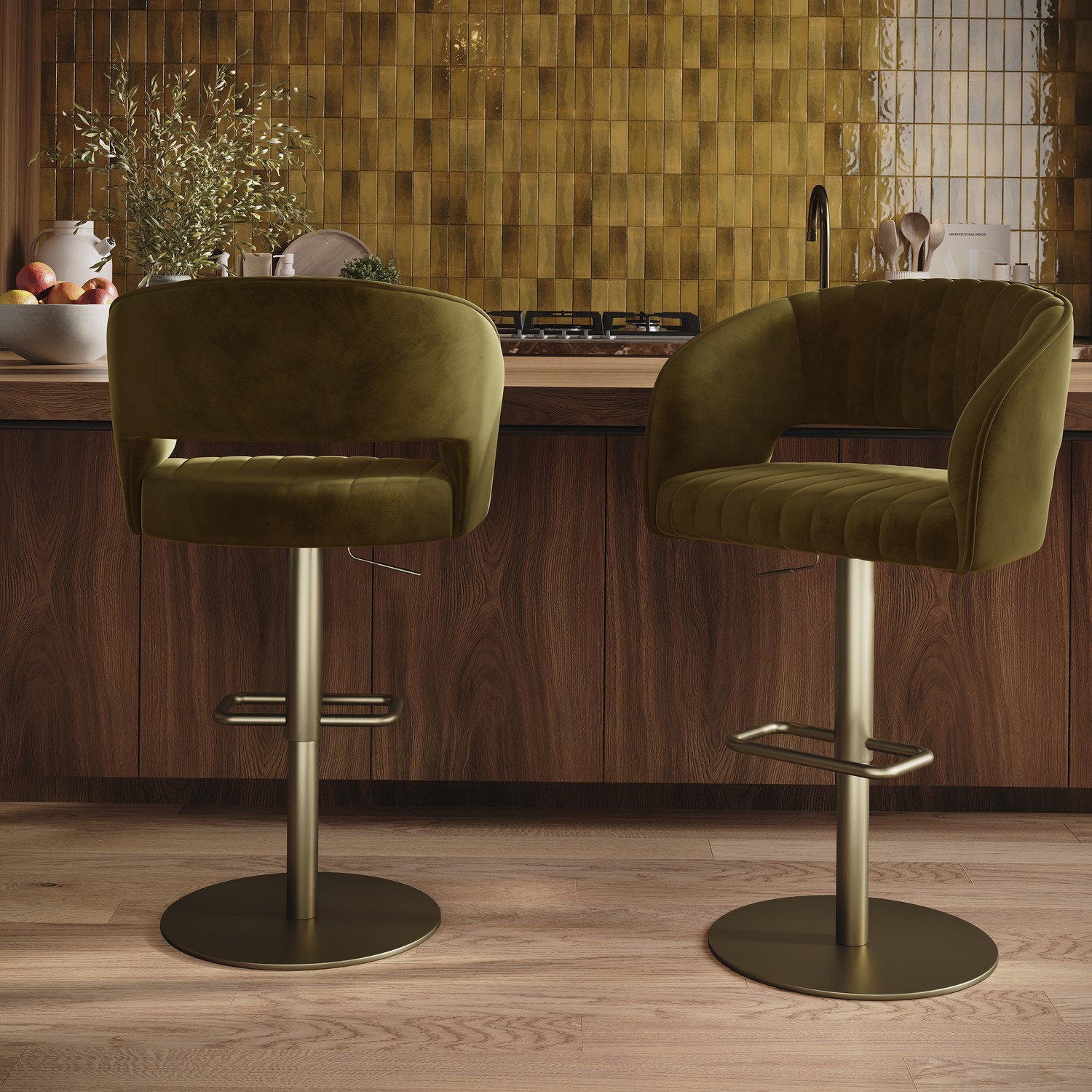 Set 2 Curved Olive Green Velvet Adjustable Swivel Bar Stools Brass Base