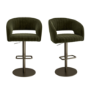 Set of 2 Curved Olive Green Velvet Adjustable Swivel Bar Stools with Brass Base - Runa